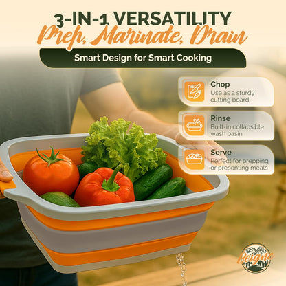 XL BBQ Prep Tub with Lid, XL Collapsible Marinating Container & Cutting Board - Foldable Food Basin for Meat - Grill Prep Station for Outdoor Cooking, Camping, BBQ, Food Storage Tray - 16L