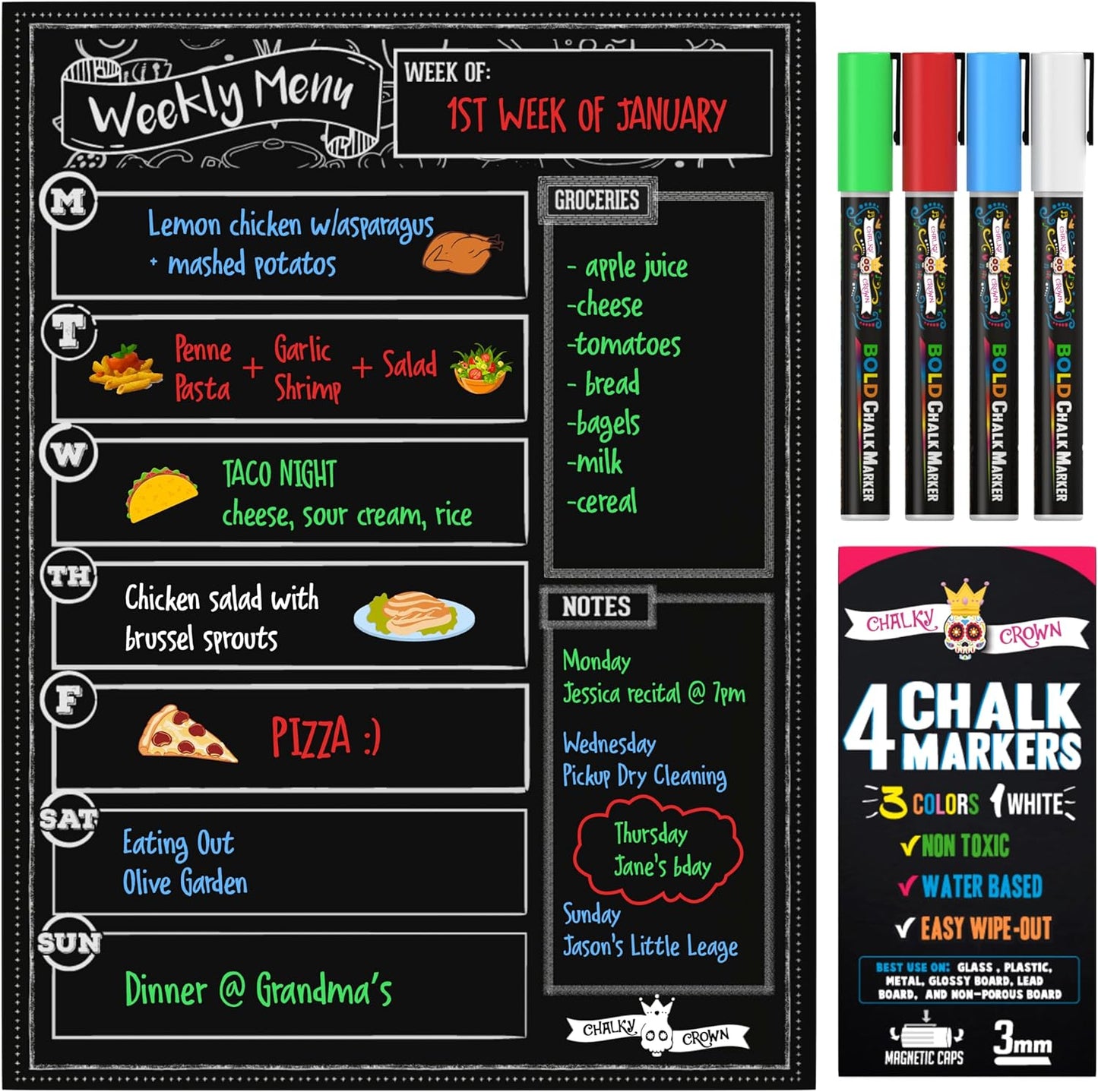 CHALKY CROWN Acrylic Magnetic Weekly Planner for Fridge - Menu Board for Kitchen with 8 Magnetic Markers - Weekly Meal Planner for Fridge with Grocery List & Notepad - Menu Planner (14.5x10.2)