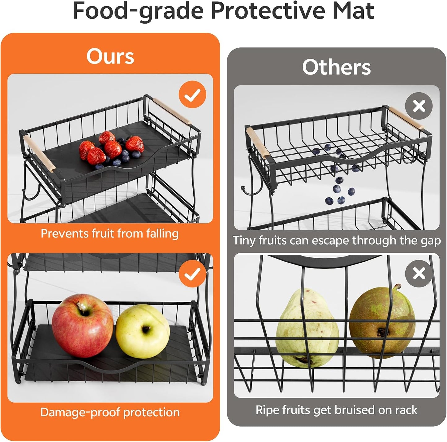 3 Tier Fruit Basket for Kitchen Countertop with 2 Banana Hangers,Detachable Metal Fruit Bowl with Wooden Handles and Protective Pads,Large Capacity Fruit and Vegetable Basket Organizer,Black