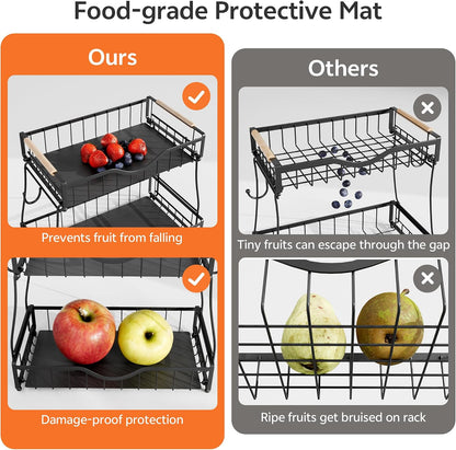 3 Tier Fruit Basket for Kitchen Countertop with 2 Banana Hangers,Detachable Metal Fruit Bowl with Wooden Handles and Protective Pads,Large Capacity Fruit and Vegetable Basket Organizer,Black