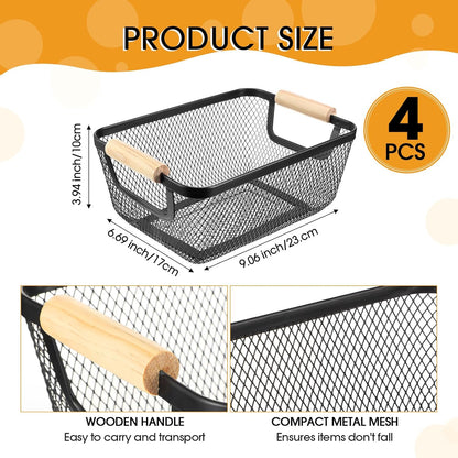Ziliny 4 Pcs Metal Mesh Wire Baskets with Wooden Handles for Organizing, Pantry Organizers and Storage Steel Bin Kitchen Baskets for Fruit Potato Onion Snacks Bathroom Cabinet(Medium,Cream White)
