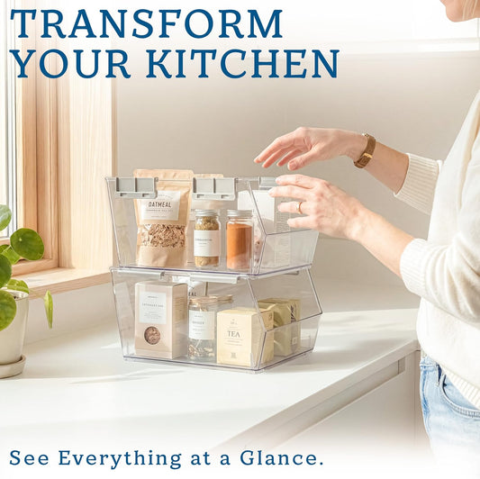 HOMESTEAD Set of 4 Stackable Storage Bins, 2 Large + 2 Small Clear Plastic Organizer Bins, Open Front Design for Kitchen Pantry, Fridge, Cabinet, Bathroom Organization and Snack Storage