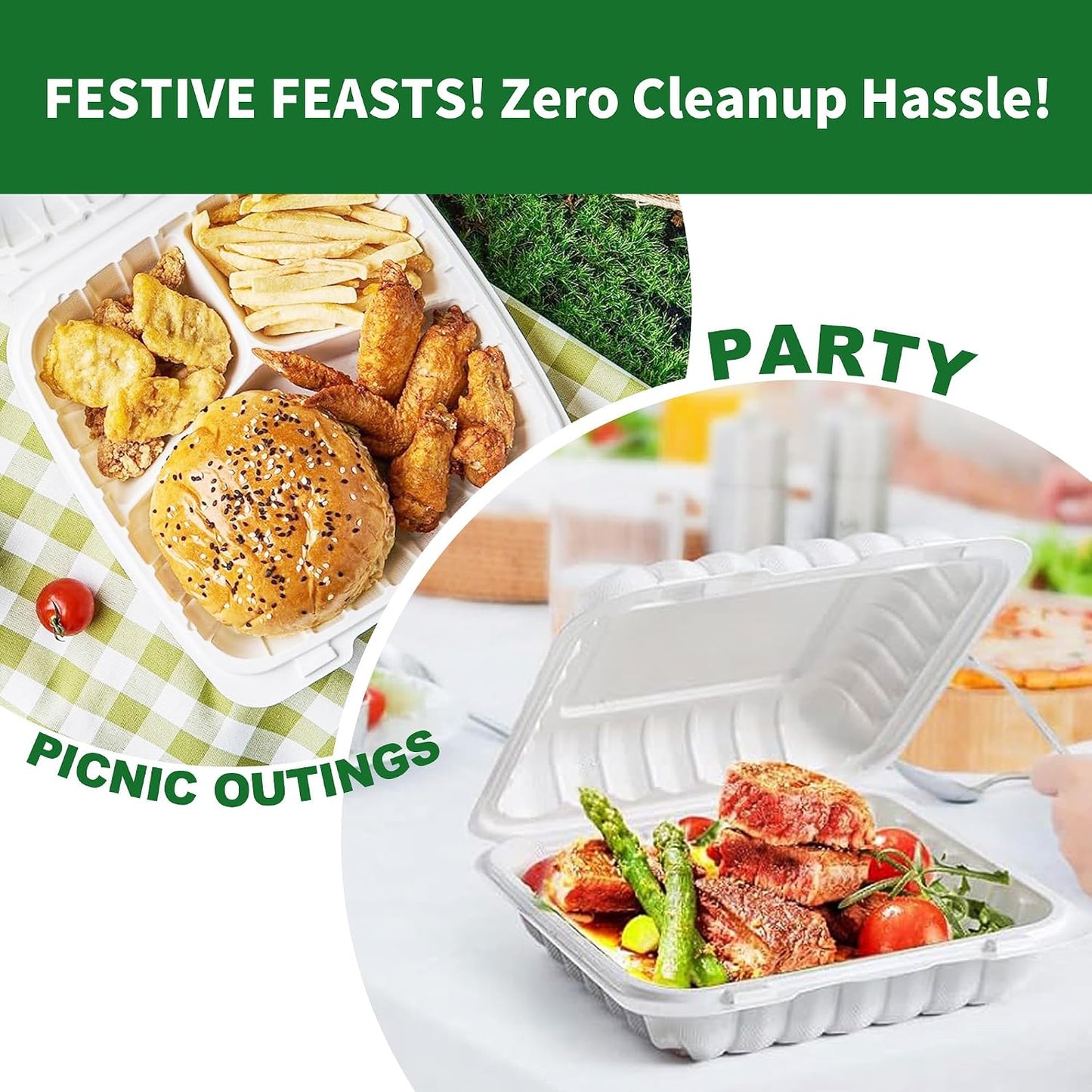 Clamshell Take Out Food Containers, 50 Pack 9x9 Inch Hinged To Go Food Containers with Lids, Disposable Plastic Meal Prep Lunch Boxes for Snacks Salad Sandwiches, Microwave & Freezer Safe