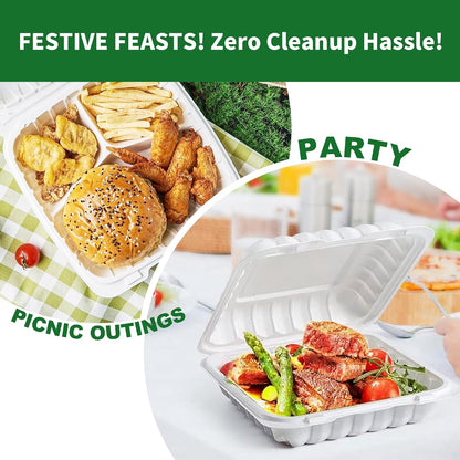 Clamshell Take Out Food Containers, 50 Pack 9x9 Inch Hinged To Go Food Containers with Lids, Disposable Plastic Meal Prep Lunch Boxes for Snacks Salad Sandwiches, Microwave & Freezer Safe