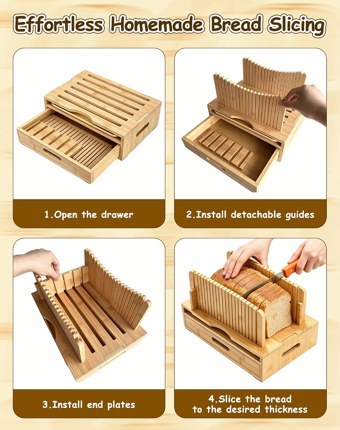 Bamboo Bread Slicer for Homemade Bread, Storage Drawer 2 Bread Bags
