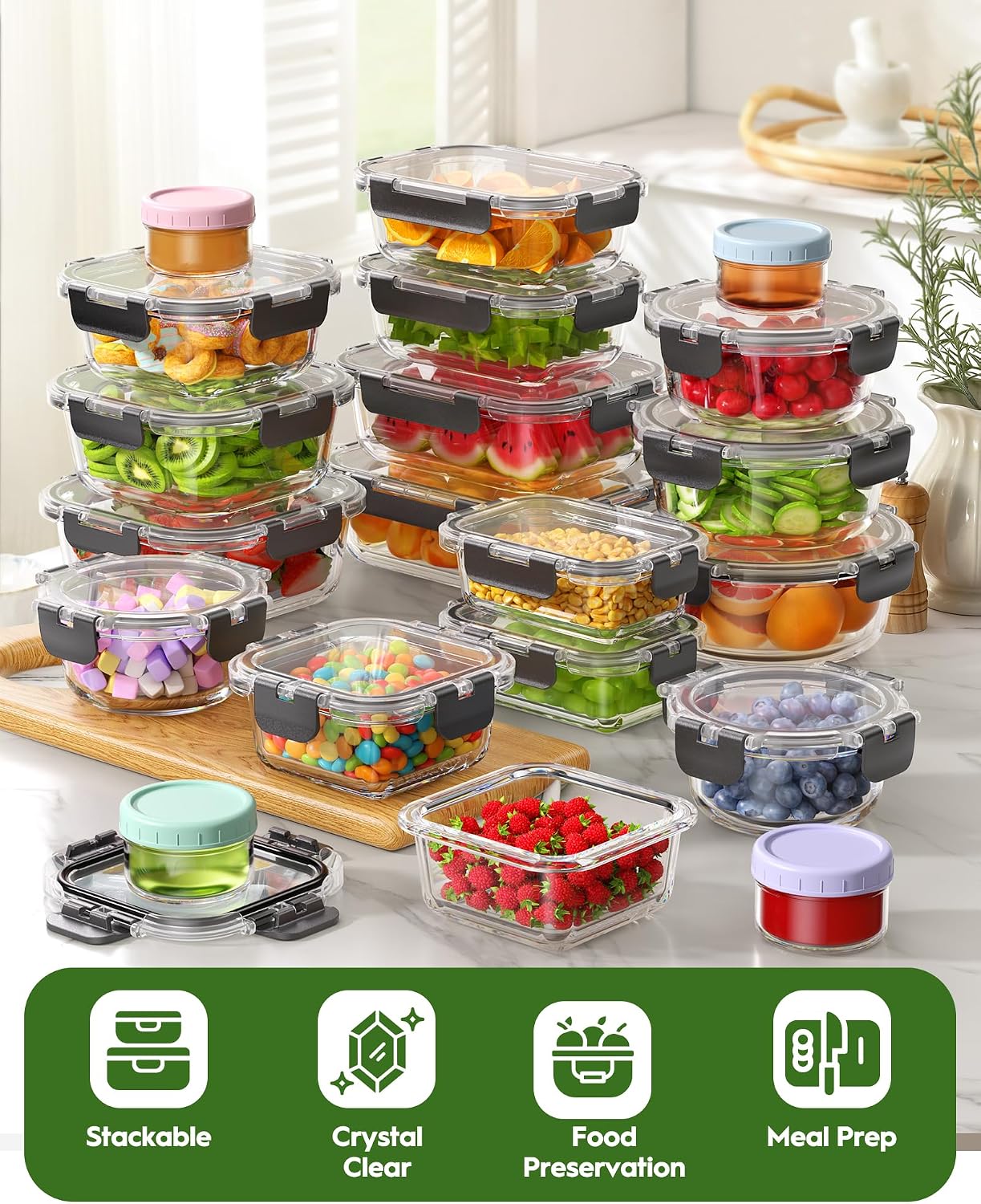 Canfanni 40 Piece Glass Food Storage Containers with Lids, Borosilicate Meal Prep Containers, BPA-Free, Stackable, Airtight Leak-Proof, Microwave, Dishwasher, Freezer Safe (20 lids & 20 Containers)