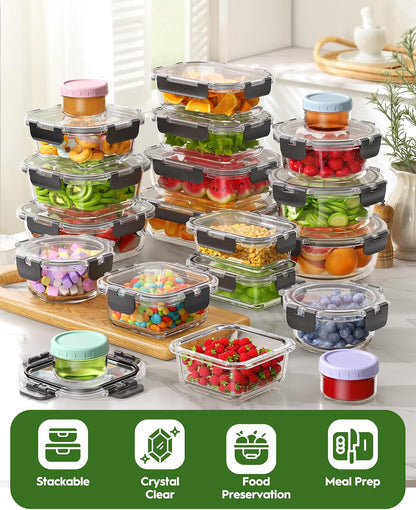 Canfanni 40 Piece Glass Food Storage Containers with Lids, Borosilicate Meal Prep Containers, BPA-Free, Stackable, Airtight Leak-Proof, Microwave, Dishwasher, Freezer Safe (20 lids & 20 Containers)
