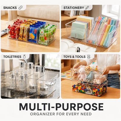 Clear Plastic Storage Bins with Removable Dividers – Pantry Snack Organizer, Kitchen Pantry Organizers and Storage, Snack Drawer Organizer, Fridge Organizer (2 Pack)