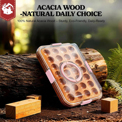 Renmxj Deviled Egg Containers with Lid, 28 Holes Reversible Acacia Wooden Deviled Egg Platter, Lid Dishwasher Safe Egg Tray, Ideal Gift for Women Kitchen & Party (Black)