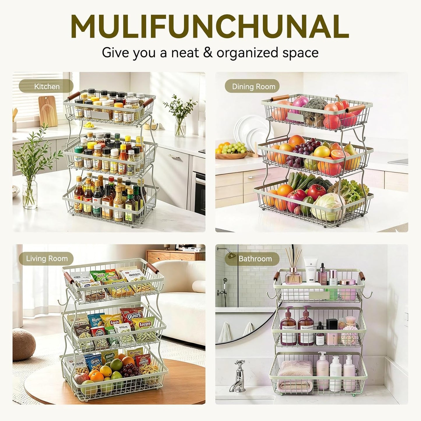 2-Tier Stackable Wire Basket with 2 Banana Hooks, Pantry Organizer for Kitchen Countertops, Cabinets & Under-Sink Spaces; Ideal for Storing Snacks, Fruits, Veggies, Onions, Potatoes, & More,Black