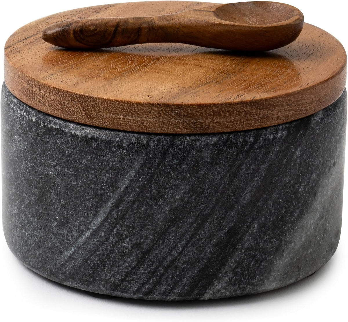 Cork & Mill Marble Salt Cellar with Acacia Wood Lid and Spoon, White