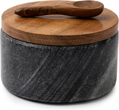 Cork & Mill Marble Salt Cellar with Acacia Wood Lid and Spoon, White