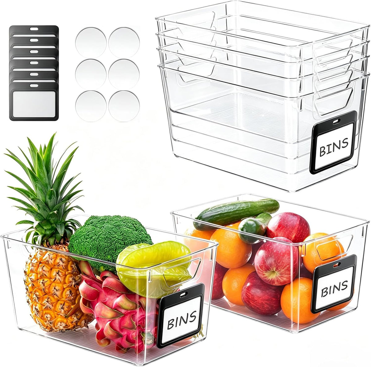 iCASA 6-Pack Clear Fridge Organizers and Storage Bins Container with Labels | Plastic Refrigerator Organizer Bin for Organizing, Home Organization Must Haves for Kitchen Under Sink Cabinet Pantry Shelf