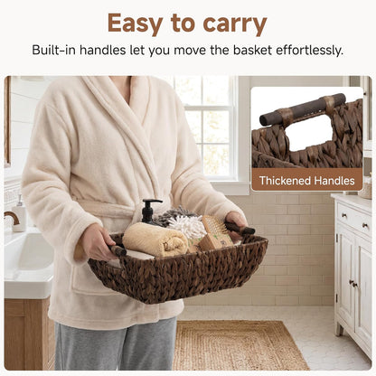 StorageWorks Hand-Woven Storage Baskets with Wooden Handles, Water Hyacinth Wicker Baskets for Organizing, 2 Pack