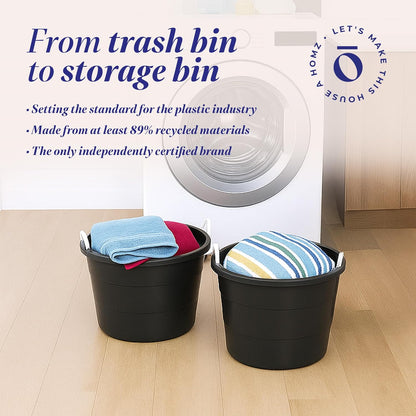 HOMZ 2-Pack Utility Tub, Large Plastic Storage Bucket with Rope Handles, 17 Gallon, Black - Portable Indoor and Outdoor Buckets for Kitchen, Laundry, Garden, Bathroom, and Garage Organization