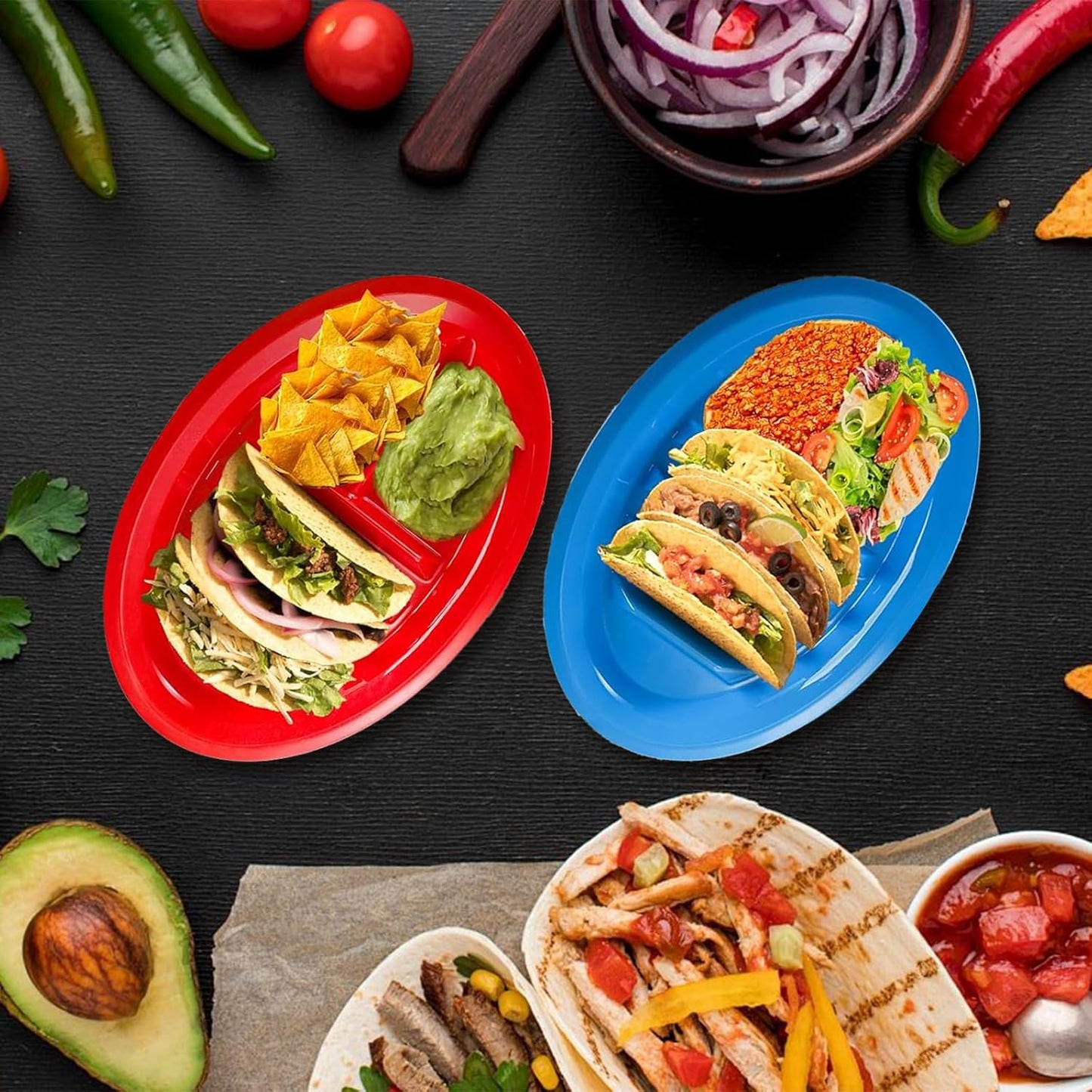 10 Pack Plastic Taco Plates with Dividers, 12.8 x 8.66 Inch Taco Holder Plate for Parties - BPA Free Plastic Serving Trays for Tacos Tuesday, Microwave & Dishwasher Safe (5 Vibrant Colors)