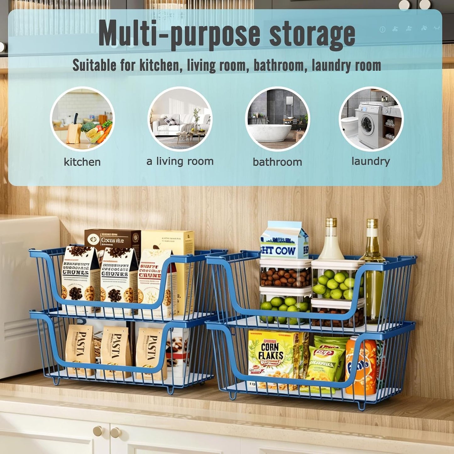 GAOKASE 4 Pcs Stackable Wire Baskets for Pantry Organizers and Storage,Vegetable Fruit Basket for Countertop,Kitchen Storage Metal Baskets,Produce Potato Onion Storage Bin-Black