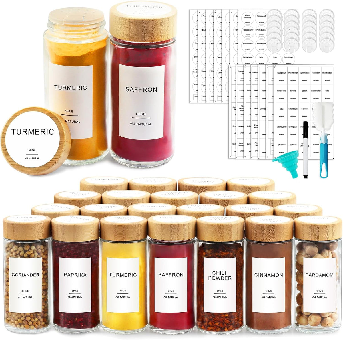 AISIPRIN Glass Spice Jars with 398 Labels, 24 pcs 4oz Spice Containers with Bamboo Lids, Square Spice Bottles With Shaker Lids,Spice Organization for Cabinet,Drawer,Rack,Seasoning Organizer