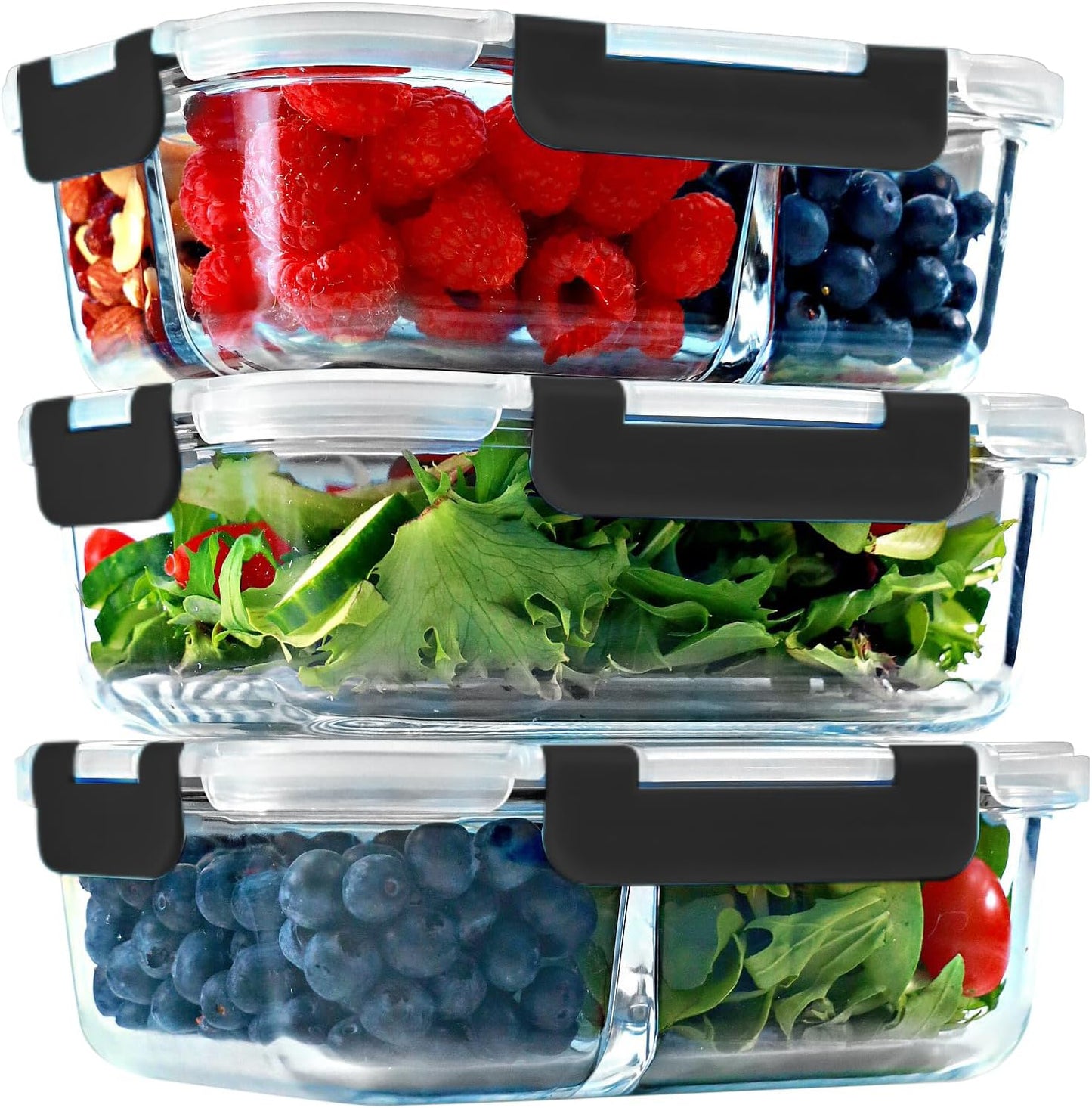 FIT Strong & Healthy 2 and 3 Compartment Glass Meal Prep Containers – Glass Bento Box for Adults, Portion Control, Food Storage, Lunch Container, Oven & Freezer Safe, Leak-Proof, 32 oz, Gray, 4 Pack