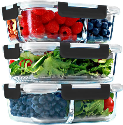 FIT Strong & Healthy 2 and 3 Compartment Glass Meal Prep Containers – Glass Bento Box for Adults, Portion Control, Food Storage, Lunch Container, Oven & Freezer Safe, Leak-Proof, 32 oz, Gray, 4 Pack