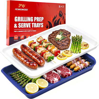 Grill Prep Trays Set of 2, Large Melamine Grilling Prep and Serve Trays with Deep Raised Edges for BBQ Meat Prep, Marinating & Serving, BPA Free