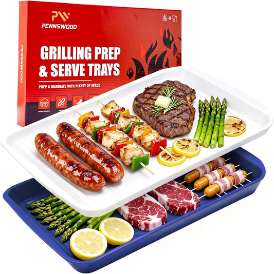 Grill Prep Trays Set of 2, Large Melamine Grilling Prep and Serve Trays with Deep Raised Edges for BBQ Meat Prep, Marinating & Serving, BPA Free