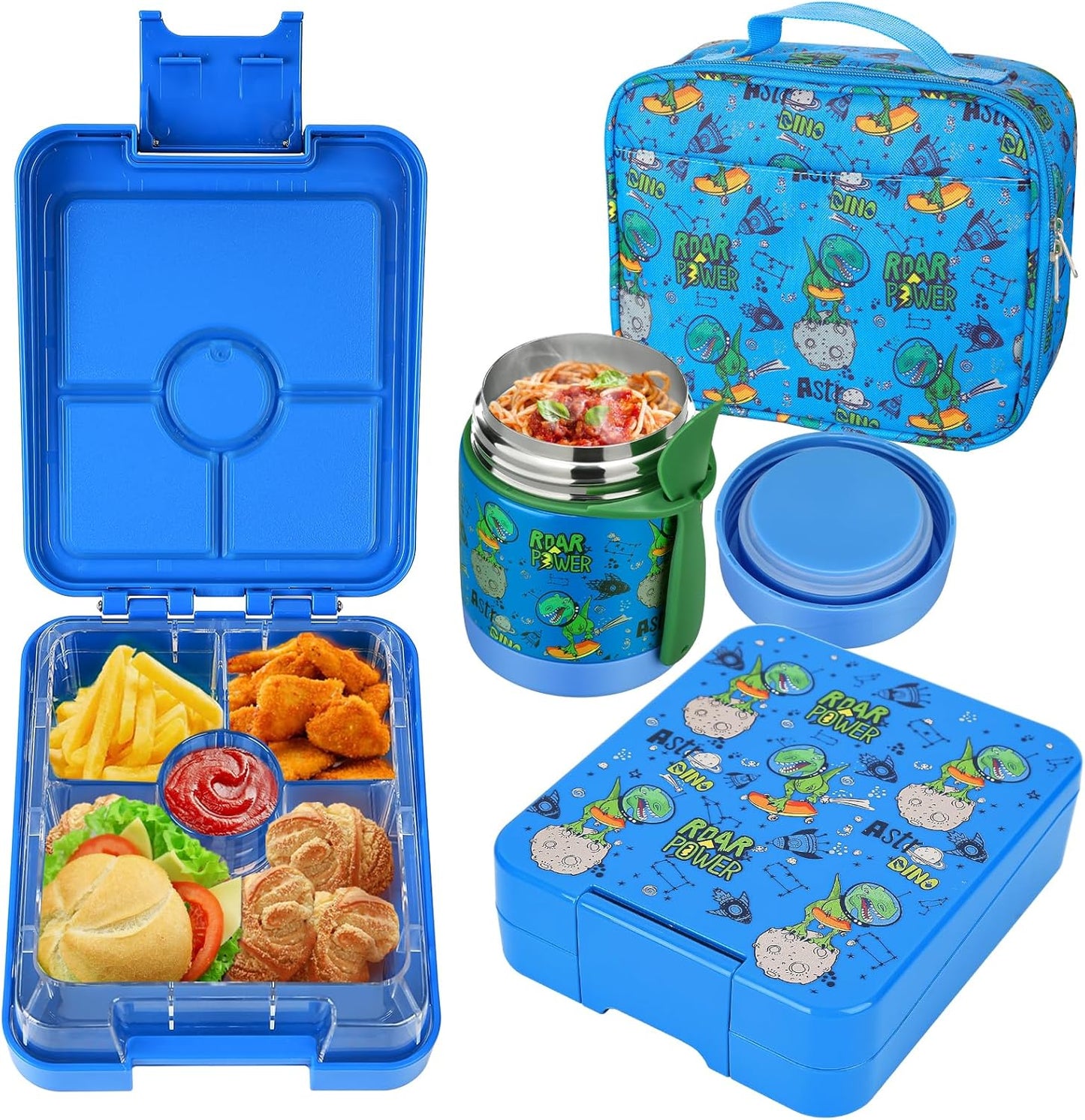Bento Lunch Box Set for Kids with 10oz Soup Thermo, Leak-Proof Lunch Containers with 4 Compartment, Kids Thermo Hot Food Jar and Insulated Lunch Bag for Kid to School,BPA-Free(Dragon)