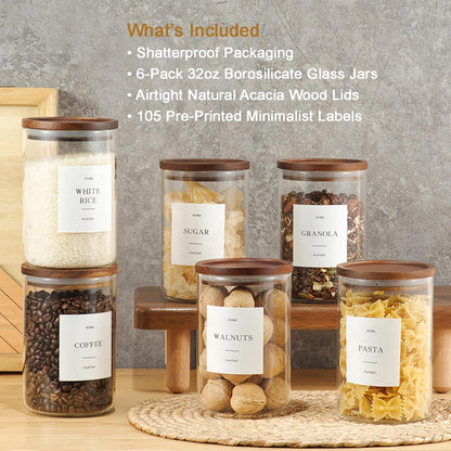 2 Pack Glass Rice Containers with Acacia Wood Lids, 70oz Airtight Flour and Sugar Jars with 105 Labels, Large Glass Pantry Storage Jars for Cereal, Protein Powder, Cookies, Dry Food