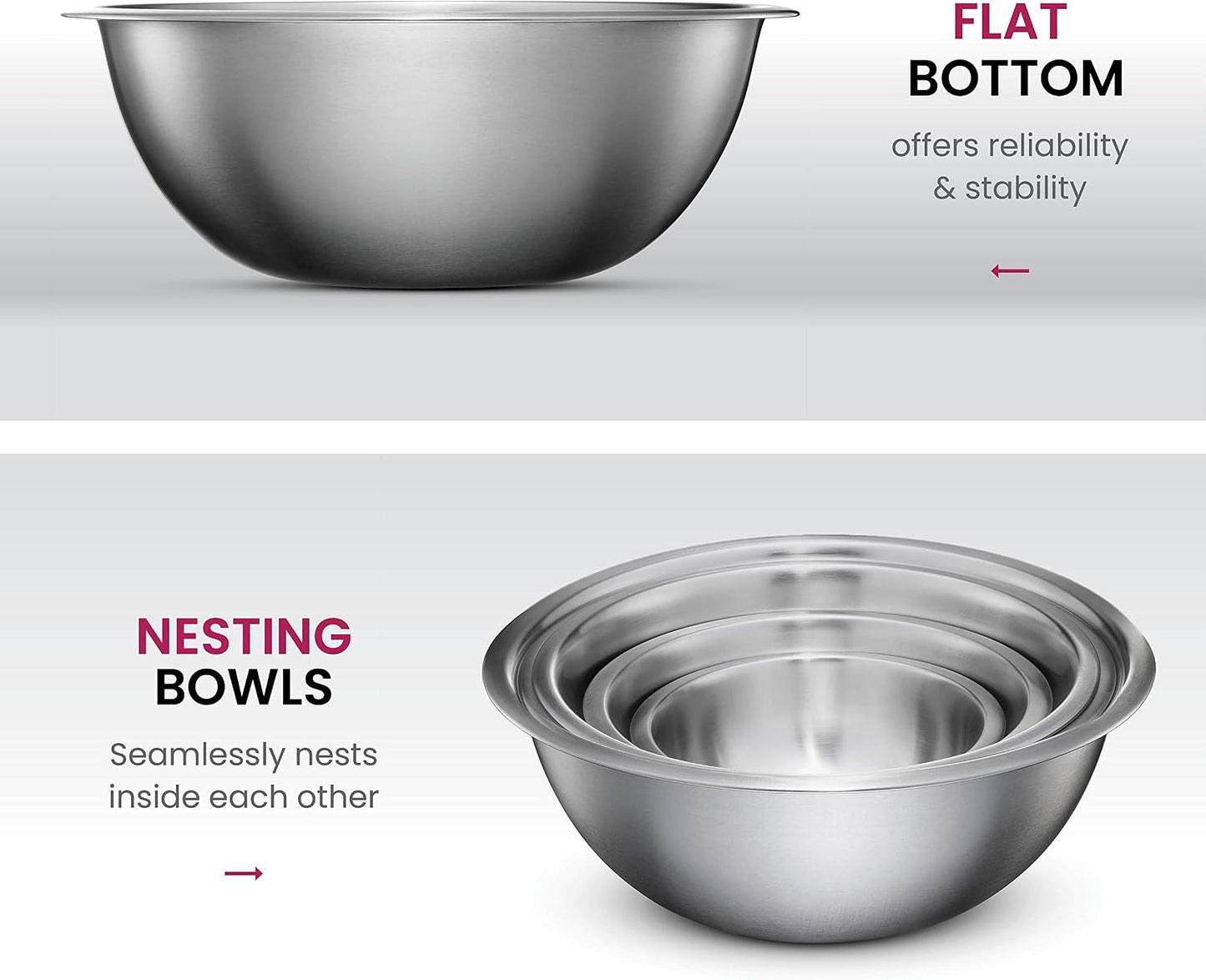 FineDine Stainless Steel Mixing Bowls Set, Dishwasher Safe, 6 Piece Metal Mixing Bowls For Kitchen, Nesting, Large, Small, Big Food Prep, Cooking, Baking