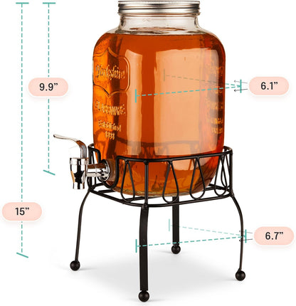 Estilo Gallon Drink Dispenser with Stand - Glass Beverage Dispenser with Stand for Weddings - Sun Tea Jar with Spigot 1 Gallon - Countertop Glass Water Dispenser for Lemonade and Parties