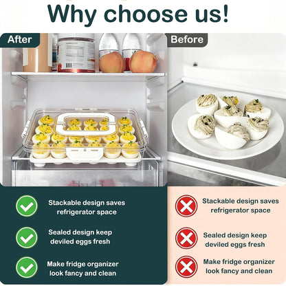 2 Pack Deviled Egg Containers with Lid, Detachable Deviled Egg Platter, Durable Clear Plastic Deviled Egg Carrier Storage 48 Eggs, Stackable Deviled Egg Tray for Fridge Party & Picnics-White