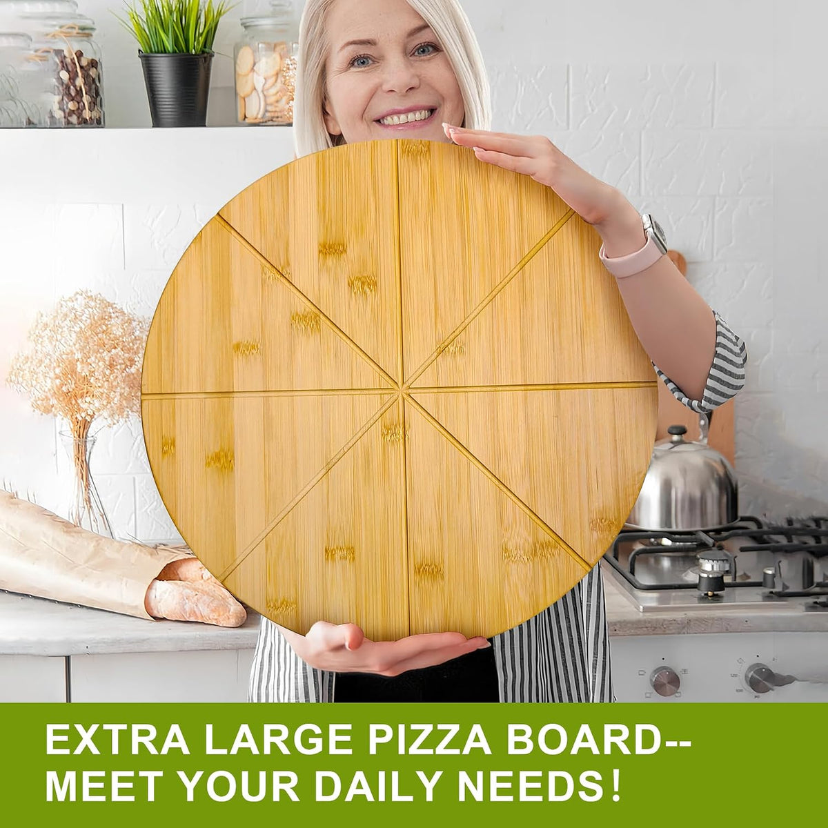 16inch Pizza Cutting Board Round Large Bamboo Wooden Prep Platter Tray