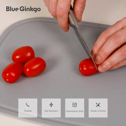 Blue Ginkgo Silicone Cutting Boards – Set of 3 (Small, Medium, Large) – Double-Sided, Thick, Flexible, Non-Slip, BPA Free – Juice Grooves, Dishwasher Safe (Made in Korea, Grey)