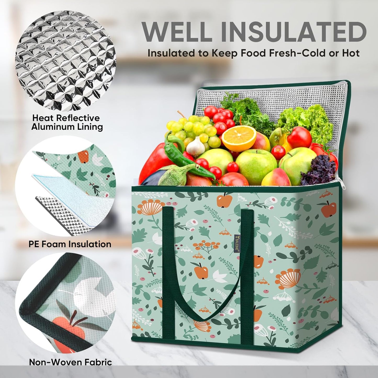 BALEINE 2Pk Insulated Reusable Grocery Bags, Collapsible Cooler Bag for Groceries, Heavy Duty Large Insulated Bag (16''x9''x13'', Antique Foliage)