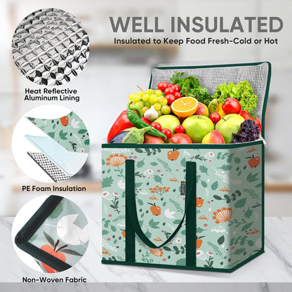 BALEINE 2Pk Insulated Reusable Grocery Bags, Collapsible Cooler Bag for Groceries, Heavy Duty Large Insulated Bag (16''x9''x13'', Antique Foliage)