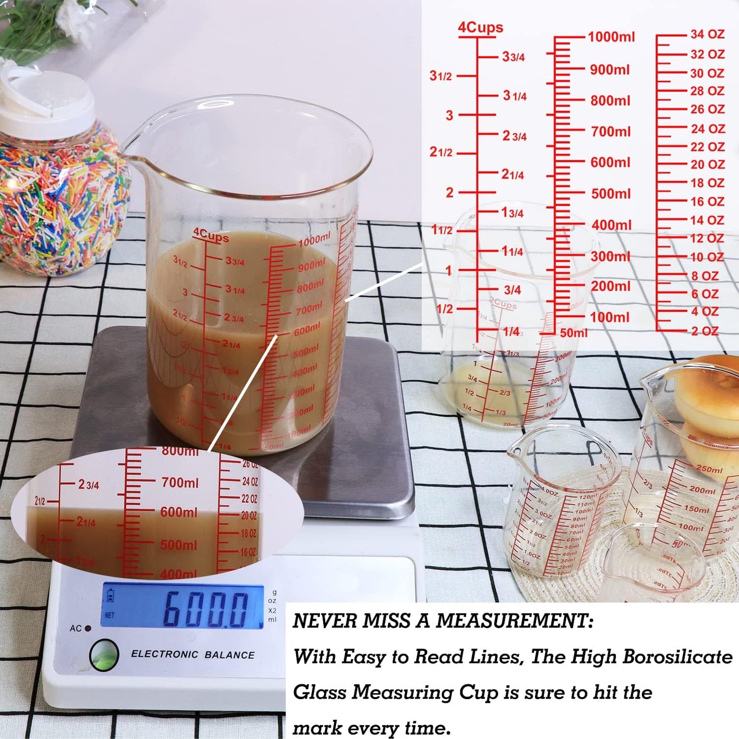 3 Piece Glass Measuring Cup Set, Includes 1/2-Cup, 1-Cup, and 2-Cup High Borosilicate Glasss Liquid Measuring Cups, Dishwasher, Freezer, Microwave, and Preheated Oven Safe, Essential Kitchen Tools