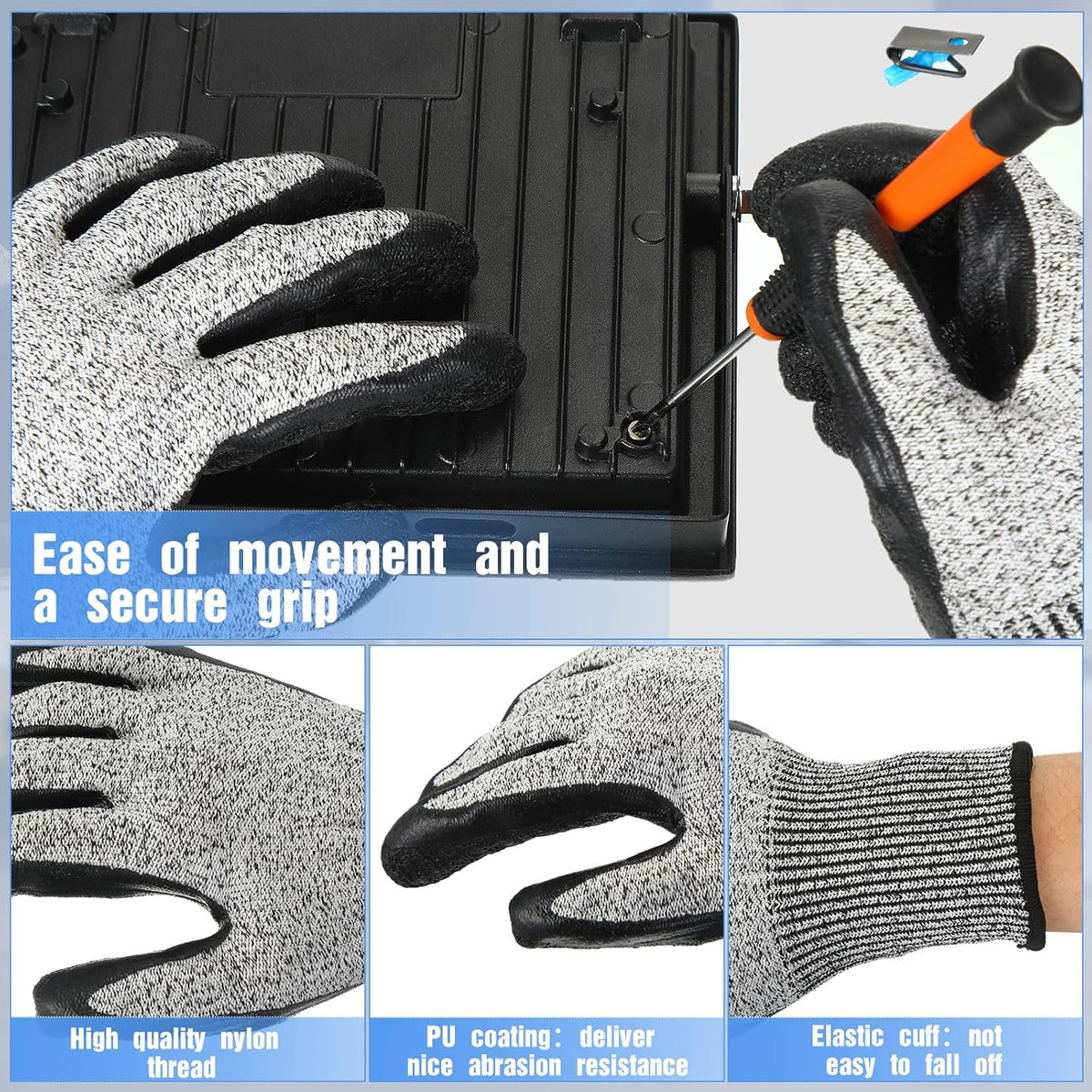 Copkim 18 Pairs Level 5 Cut Resistant Gloves Lightweight Protective Gloves with PU Coated Working accessories for Women Men