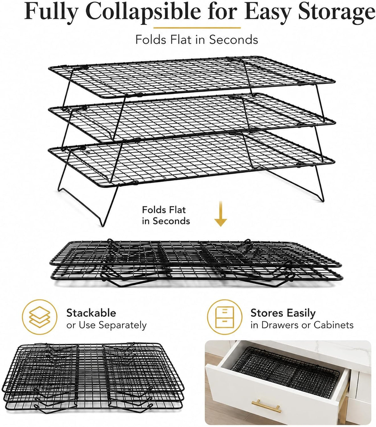 Cooling Rack 16"x10", 3-Tier Stackable & Collapsible Cooling Racks