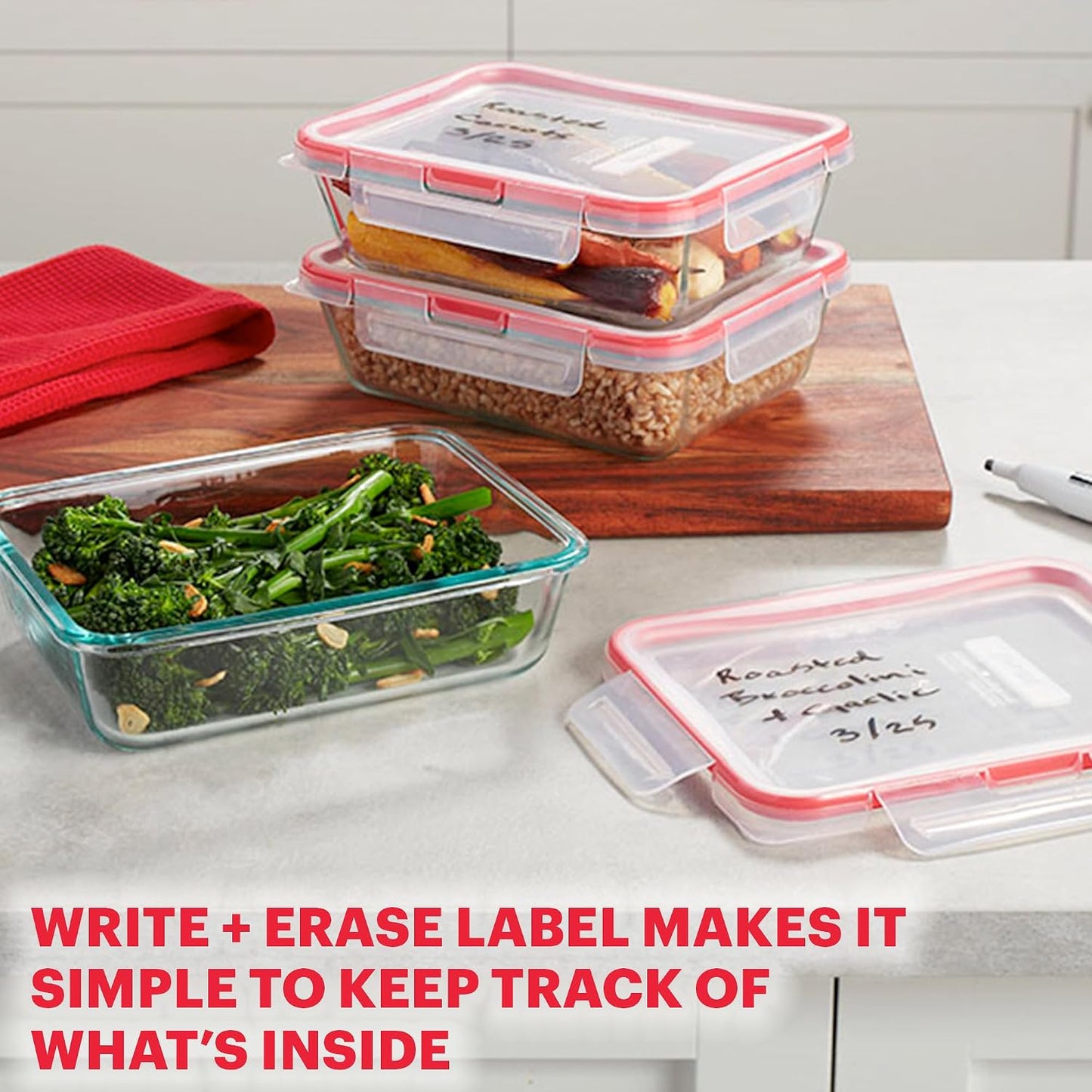 Pyrex Freshlock (4-Pack) Mixed Sized Glass Food Storage Containers Set, Airtight & Leakproof Plastic Locking Lids BPA-Free, Meal Prep Containers Set, Freezer Dishwasher Microwave Safe