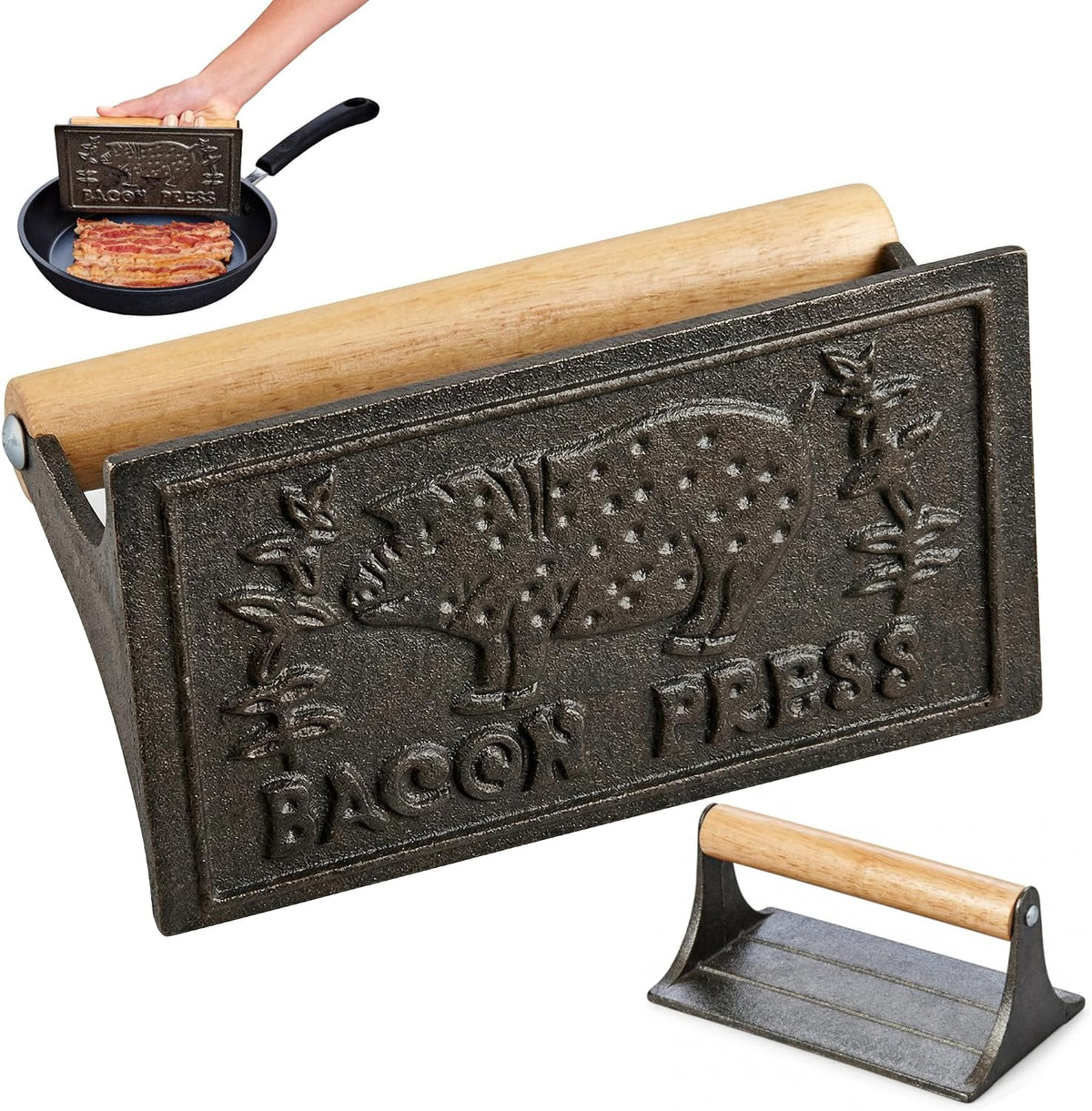 HIC Kitchen Bacon Press, Heavyweight Cast Iron, Rectangular With Wood Handle, For Stovetop Grill And Griddle