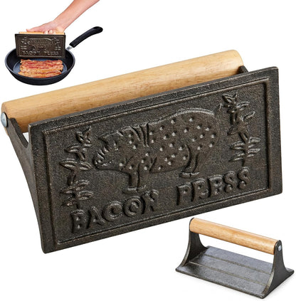 HIC Kitchen Bacon Press, Heavyweight Cast Iron, Rectangular With Wood Handle, For Stovetop Grill And Griddle