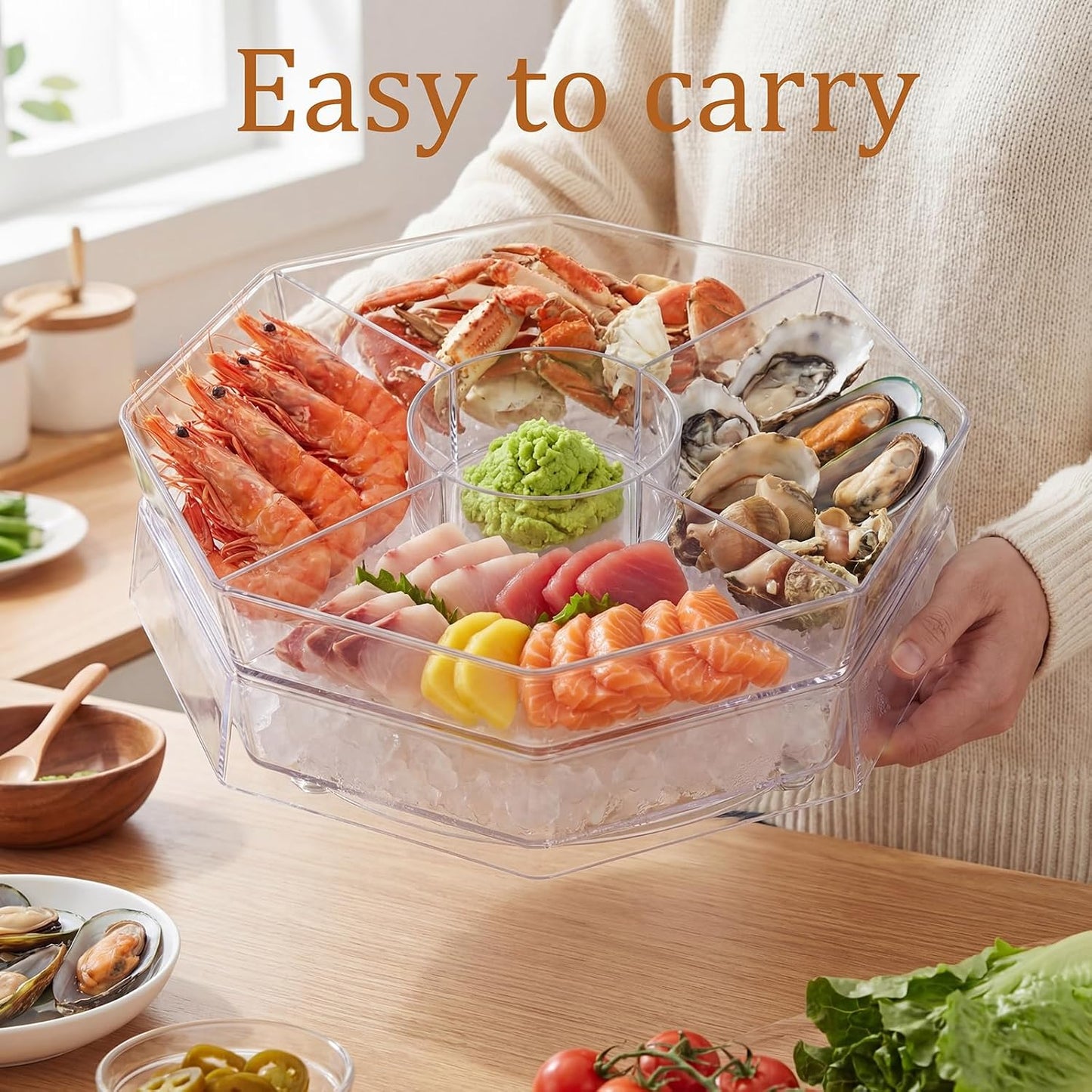 3-Tier Rotating Ice Chilled Serving Tray with Lid, 5-Compartment Fruit Platter with Ice Base for Veggies, Snacks, Seafood and Parties