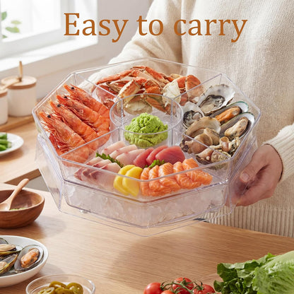 3-Tier Rotating Ice Chilled Serving Tray with Lid, 5-Compartment Fruit Platter with Ice Base for Veggies, Snacks, Seafood and Parties