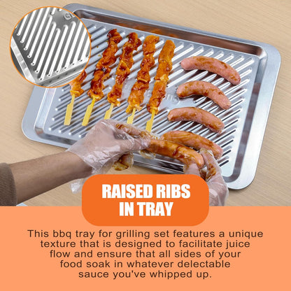 Grilling Prep and Serve Trays, Set of 2 Stackable Stainless Steel BBQ Trays, Deep Marinating Container, Serving Platter for Plating Food, BBQ Prep Tub for Marinating Meats, Grill Accessories