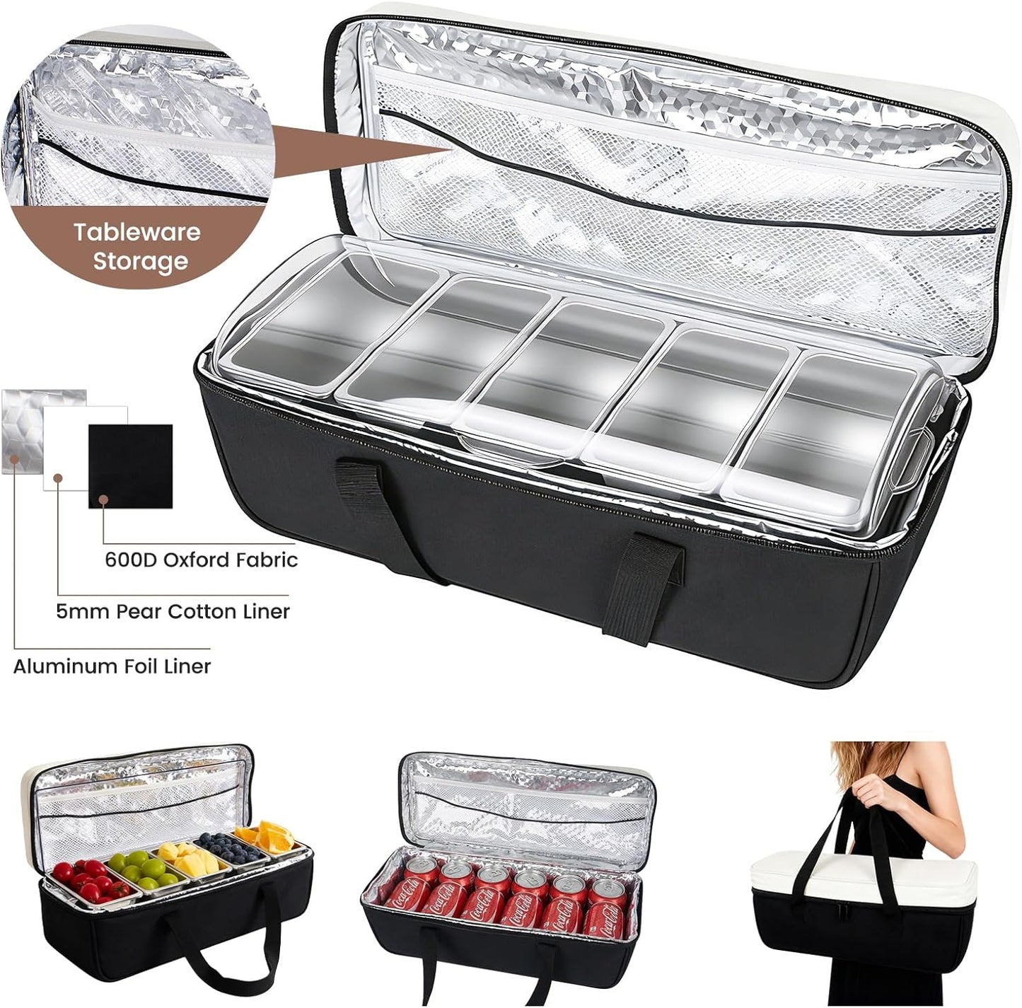 Chilled Condiment Caddy with 5 Stainless Steel Compartments – Condiment Containers with Lids, Serving Tray for Party, Bar, Salad, Taco & Fruit Garnish, Includes 2 Ice Packs, 5 Forks and 2 Tongs