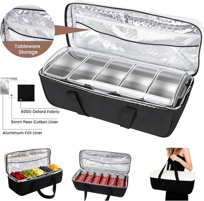 Chilled Condiment Caddy with 5 Stainless Steel Compartments – Condiment Containers with Lids, Serving Tray for Party, Bar, Salad, Taco & Fruit Garnish, Includes 2 Ice Packs, 5 Forks and 2 Tongs