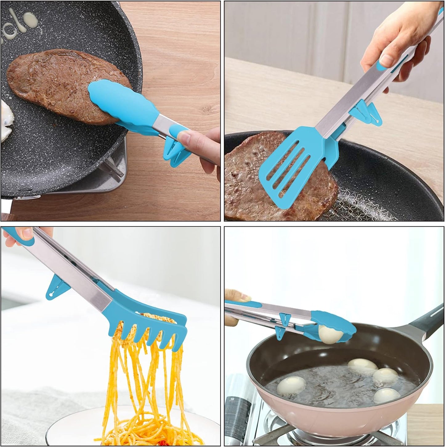 4in1 Stainless Steel Kitchen Food Tongs Set for Cooking with Silicone Tips, Toaster Steak Pie Pizza Pasta Spaghetti Noodles Salad Fruit Vegetable Grill BBQ Buffet Clamp Serving Tools Gadgets