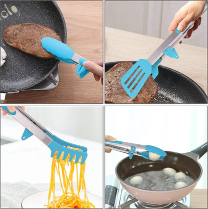 4in1 Stainless Steel Kitchen Food Tongs Set for Cooking with Silicone Tips, Toaster Steak Pie Pizza Pasta Spaghetti Noodles Salad Fruit Vegetable Grill BBQ Buffet Clamp Serving Tools Gadgets