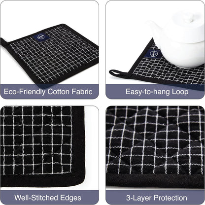 Encasa XO Pot Holders, Quilted Kitchen Hot Pads 8"x8" Black