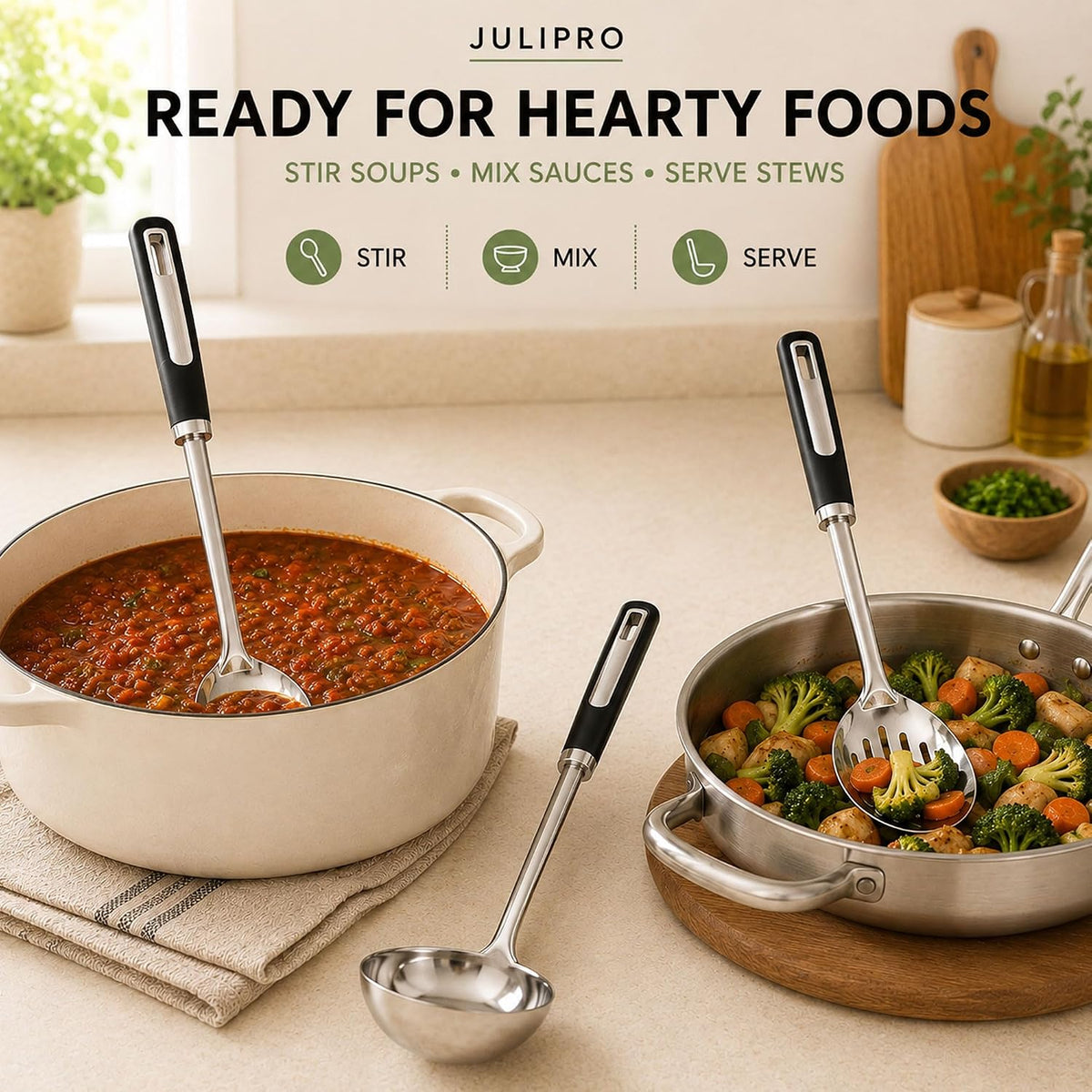 Stainless Steel Cooking Spoon Set, Serving,Slotted & Ladle